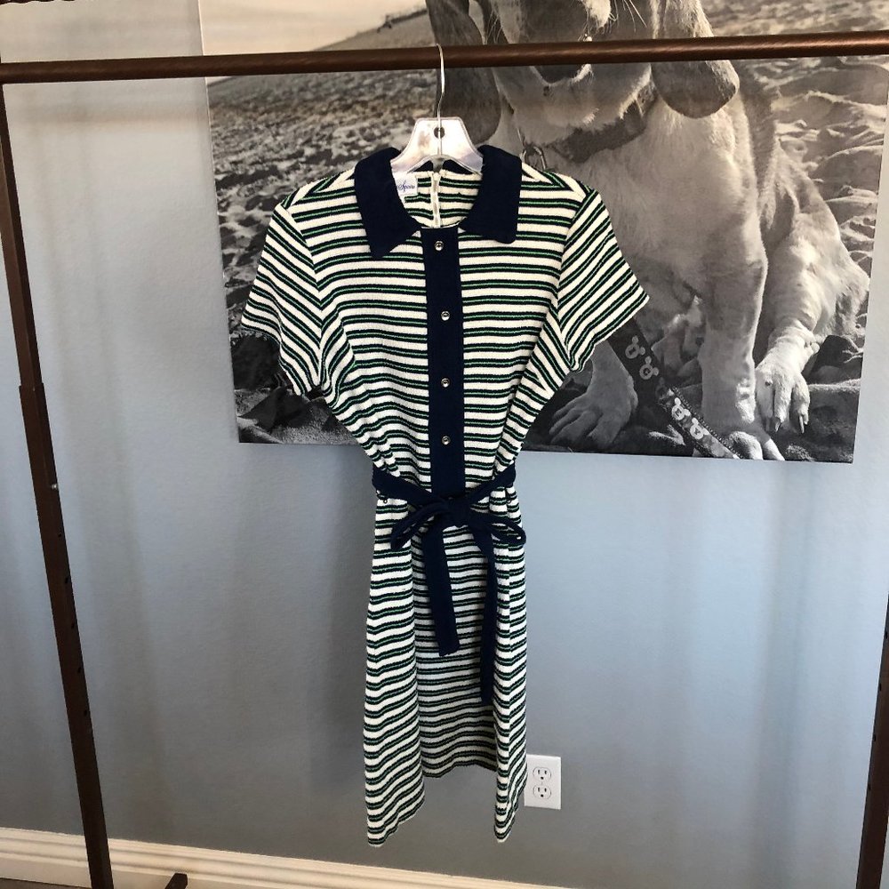 Vintage Green and White Striped Polo Mini Dress with Navy Trim